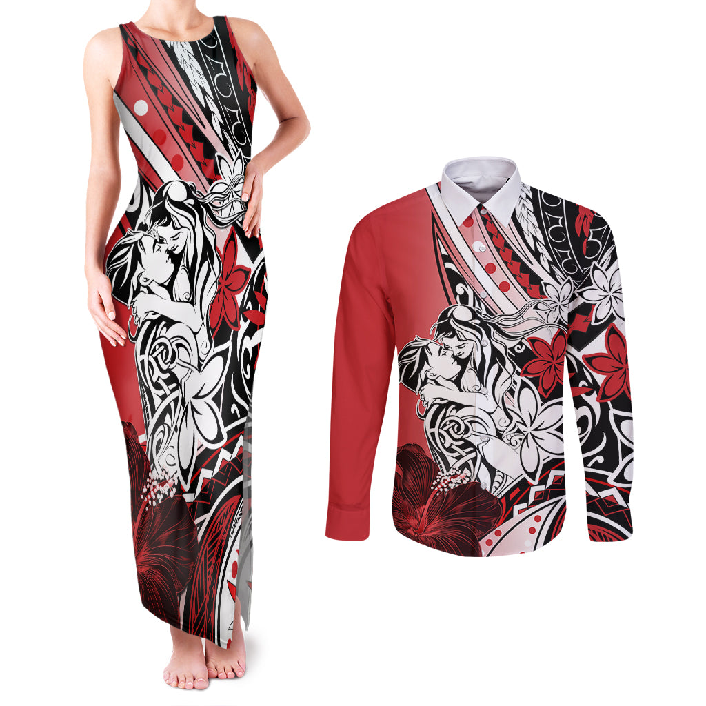 Polynesian Valentine Couples Matching Tank Maxi Dress and Long Sleeve Button Shirt Couple Floral Unique Red Version LT01 Red - Polynesian Pride