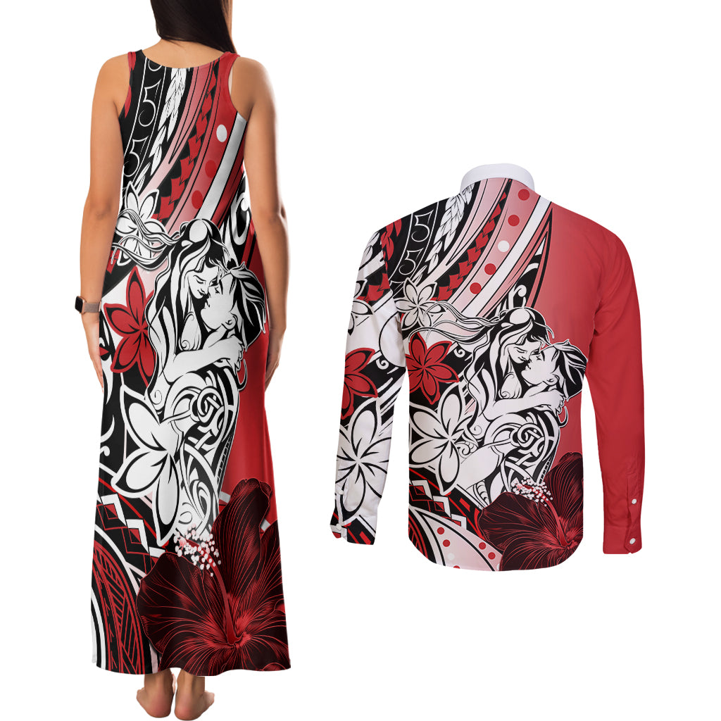 Polynesian Valentine Couples Matching Tank Maxi Dress and Long Sleeve Button Shirt Couple Floral Unique Red Version LT01 - Polynesian Pride