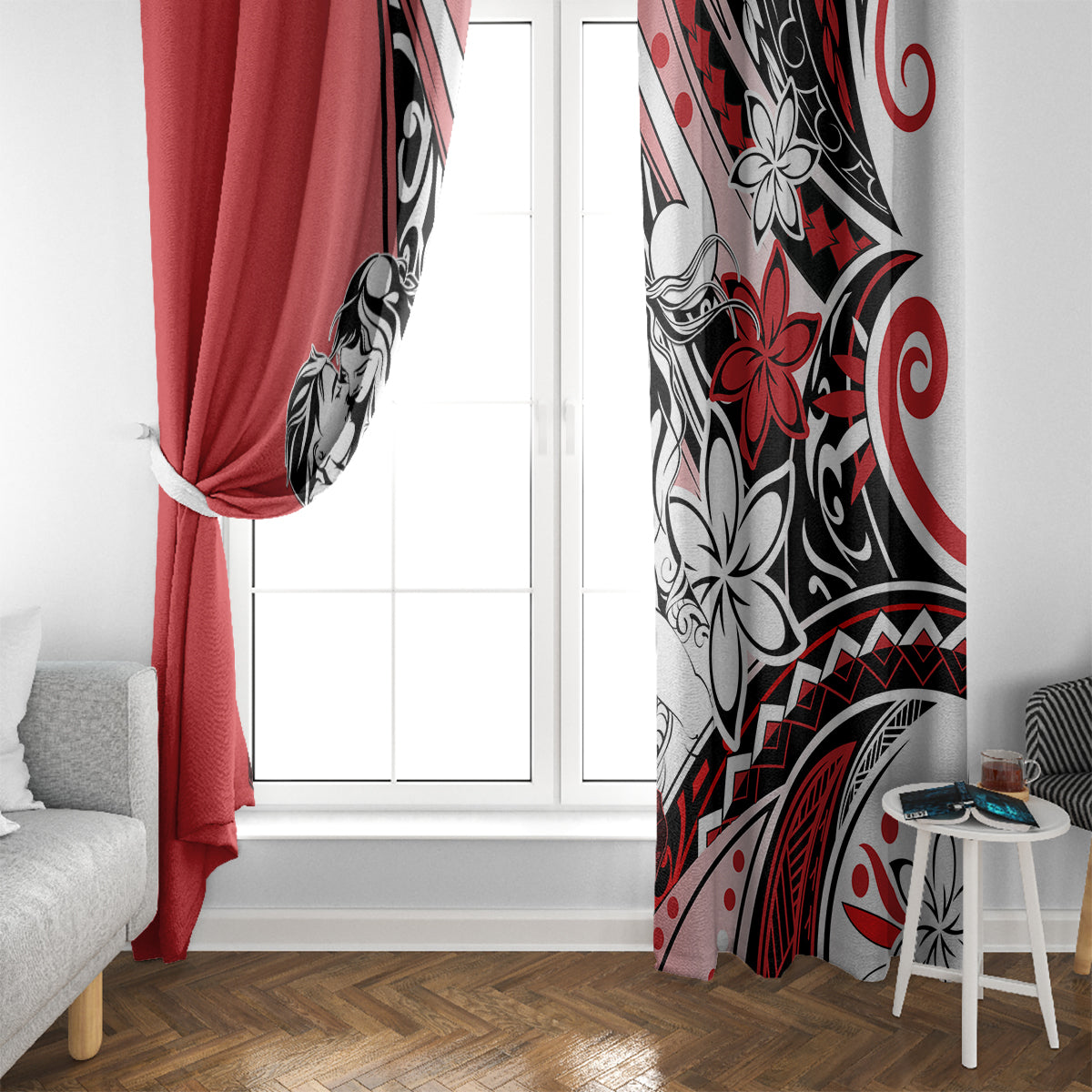 Polynesian Valentine Window Curtain Couple Floral Unique Red Version LT01 - Polynesian Pride