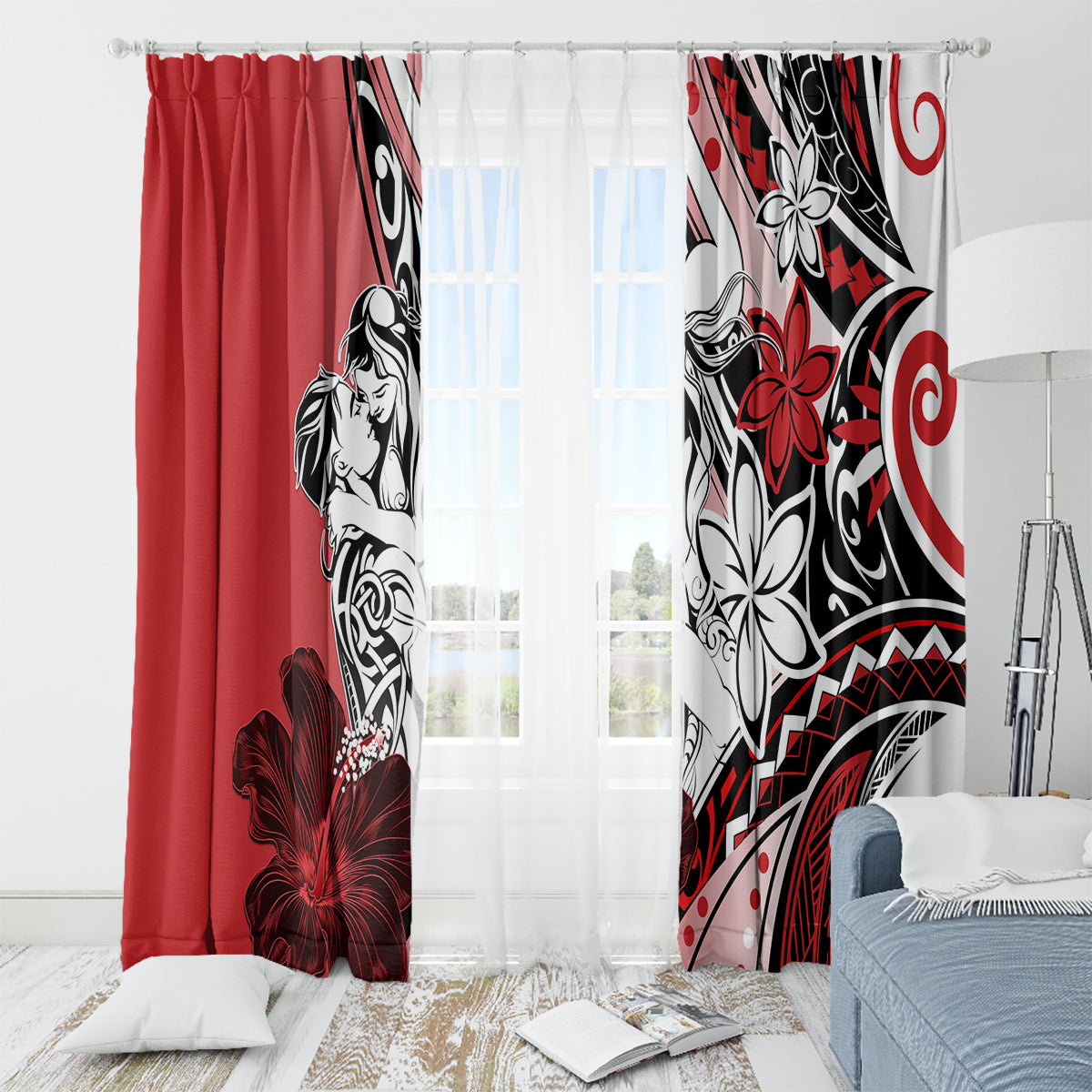 Polynesian Valentine Window Curtain Couple Floral Unique Red Version LT01 - Polynesian Pride