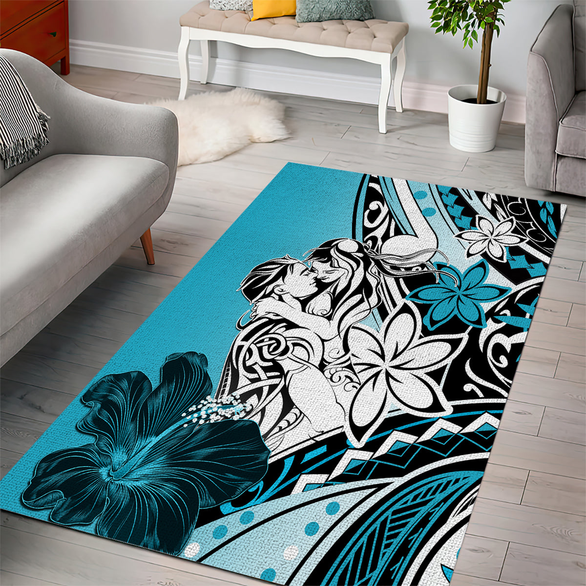 Polynesian Valentine Area Rug Couple Floral Unique Sky Blue Version LT01 - Polynesian Pride