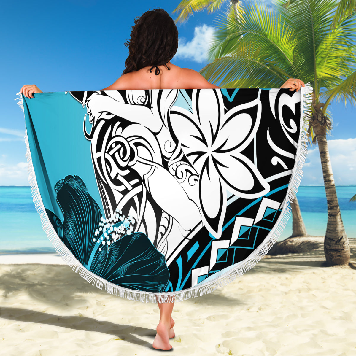 Polynesian Valentine Beach Blanket Couple Floral Unique Sky Blue Version LT01 - Polynesian Pride