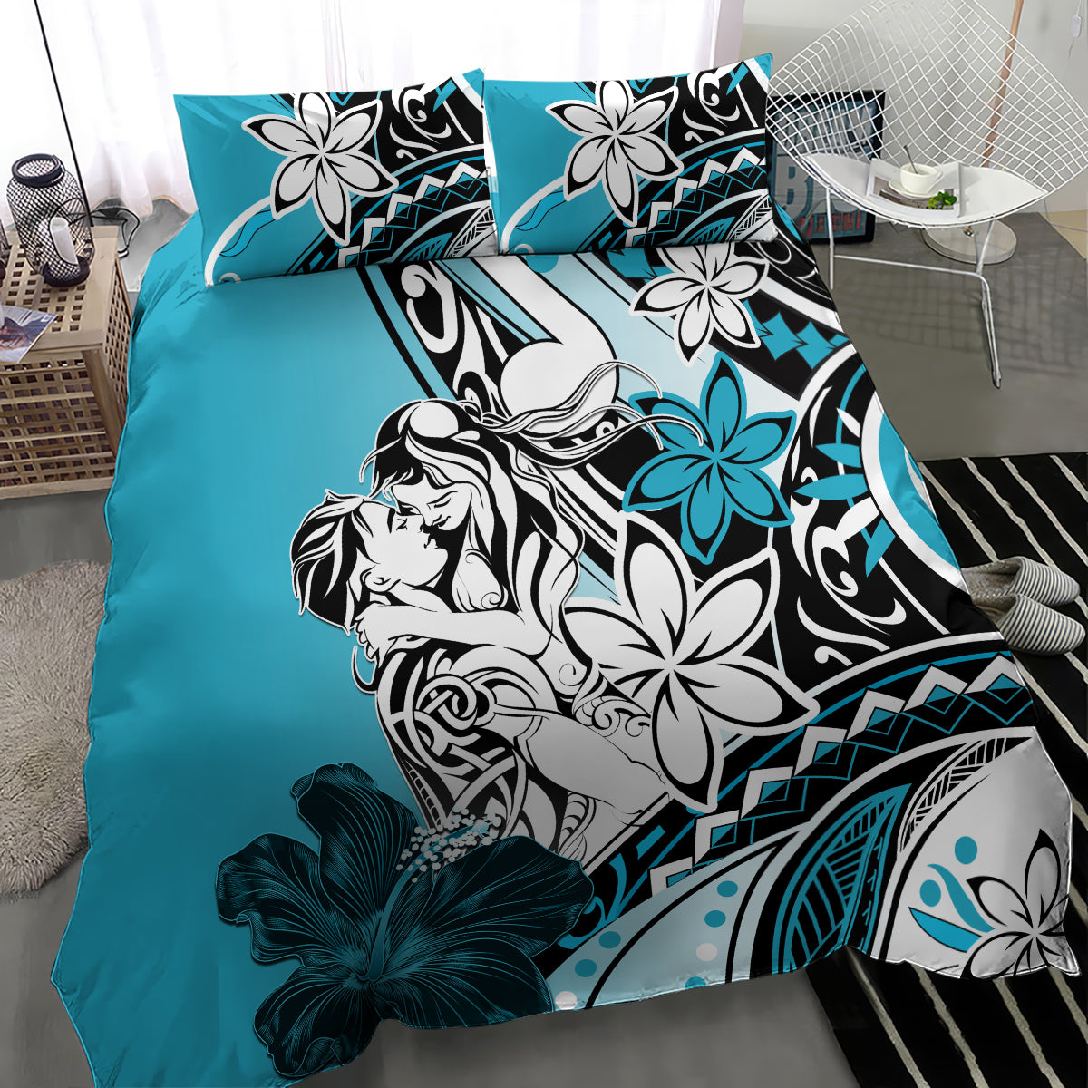 Polynesian Valentine Bedding Set Couple Floral Unique Sky Blue Version LT01 - Polynesian Pride