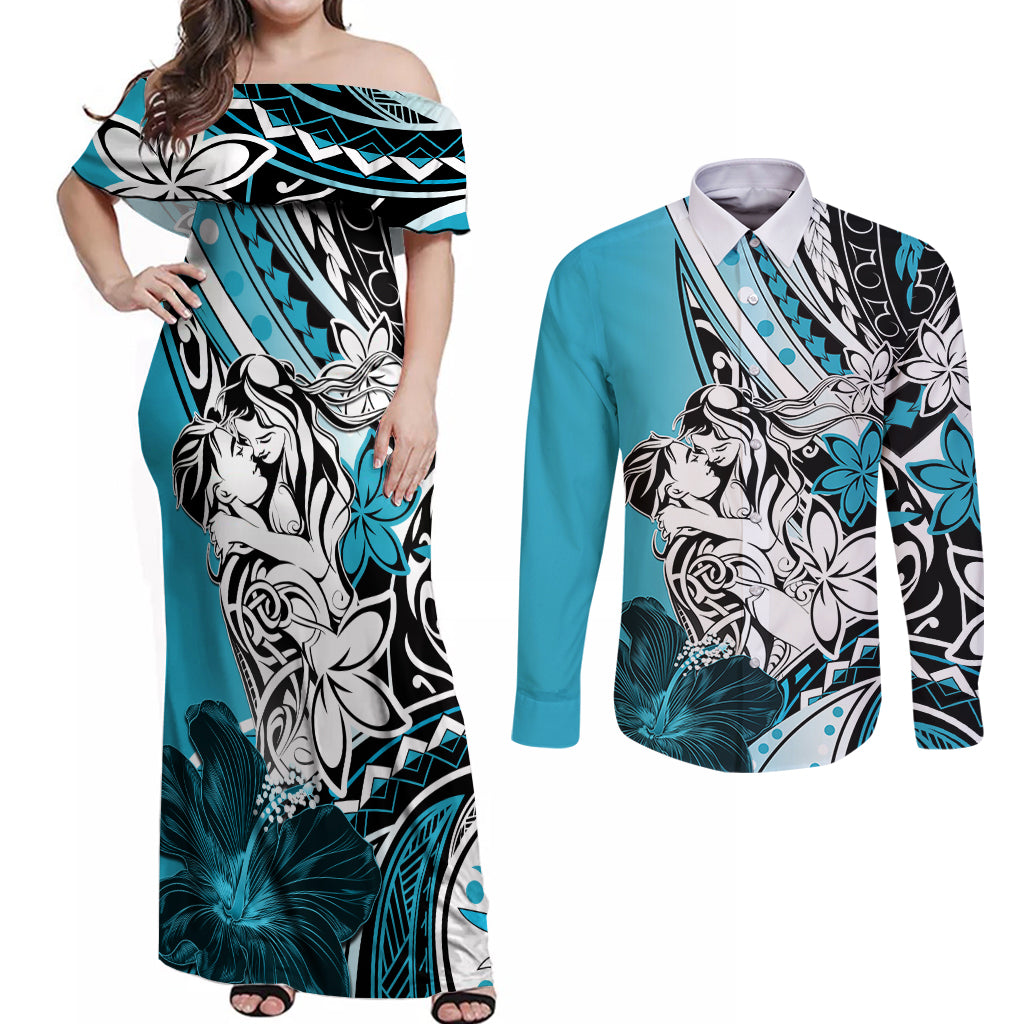 Polynesian Valentine Couples Matching Off Shoulder Maxi Dress and Long Sleeve Button Shirt Couple Floral Unique Sky Blue Version LT01 Sky - Polynesian Pride