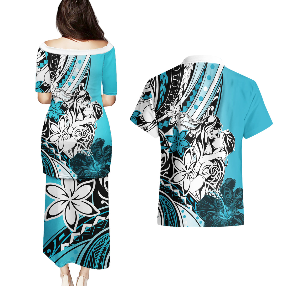 Polynesian Valentine Couples Matching Puletasi and Hawaiian Shirt Couple Floral Unique Sky Blue Version LT01 - Polynesian Pride