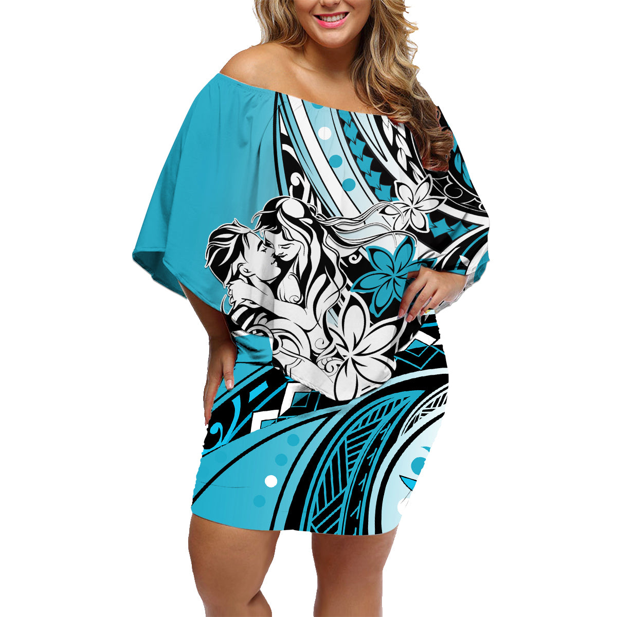 Polynesian Valentine Family Matching Off Shoulder Short Dress and Hawaiian Shirt Couple Floral Unique Sky Blue Version LT01 Mom's Dress Sky - Polynesian Pride
