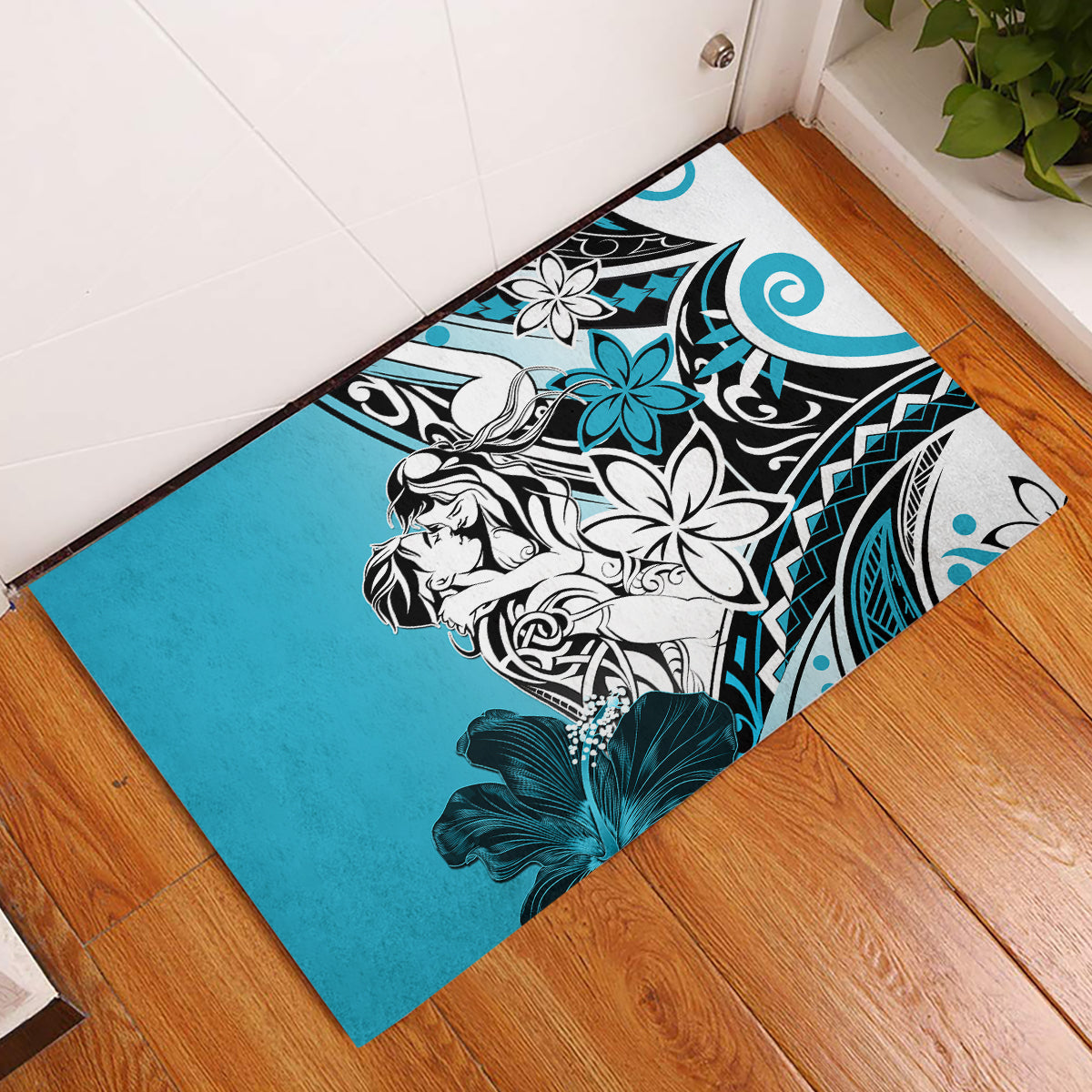 Polynesian Valentine Rubber Doormat Couple Floral Unique Sky Blue Version LT01 Sky - Polynesian Pride