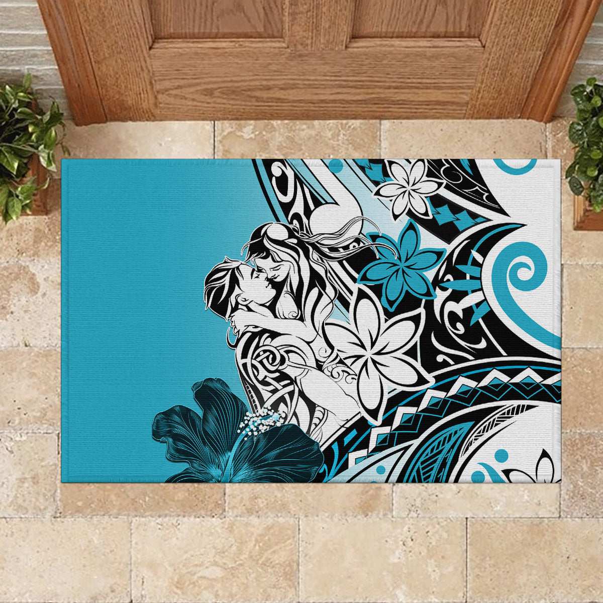 Polynesian Valentine Rubber Doormat Couple Floral Unique Sky Blue Version LT01 - Polynesian Pride