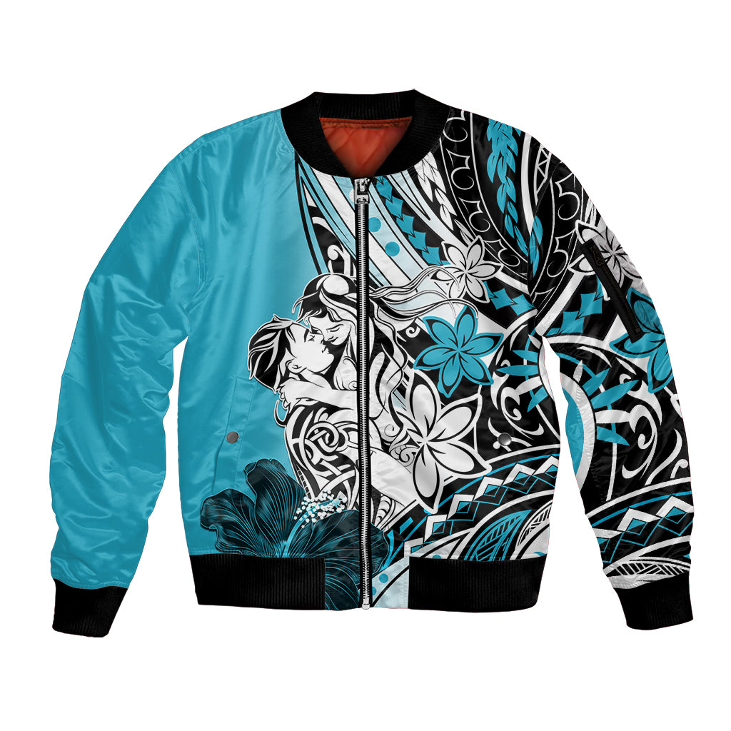 Polynesian Valentine Sleeve Zip Bomber Jacket Couple Floral Unique Sky Blue Version LT01 Unisex Sky - Polynesian Pride