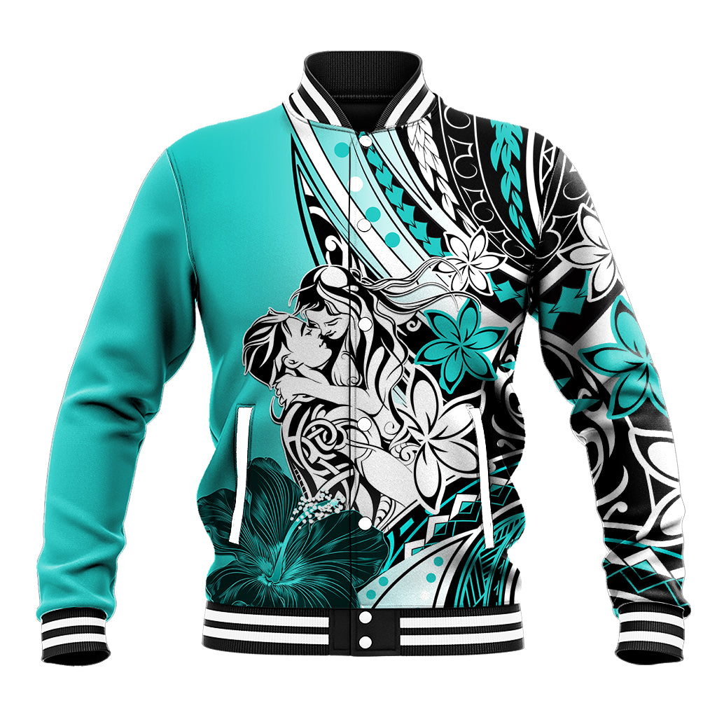Polynesian Valentine Baseball Jacket Couple Floral Unique Turquoise Version LT01 Unisex Turquoise - Polynesian Pride