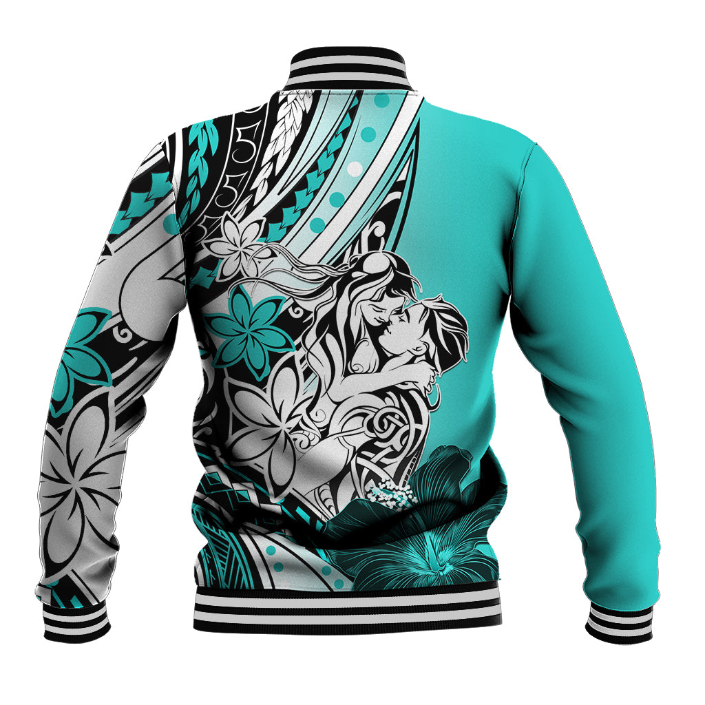 Polynesian Valentine Baseball Jacket Couple Floral Unique Turquoise Version LT01 - Polynesian Pride