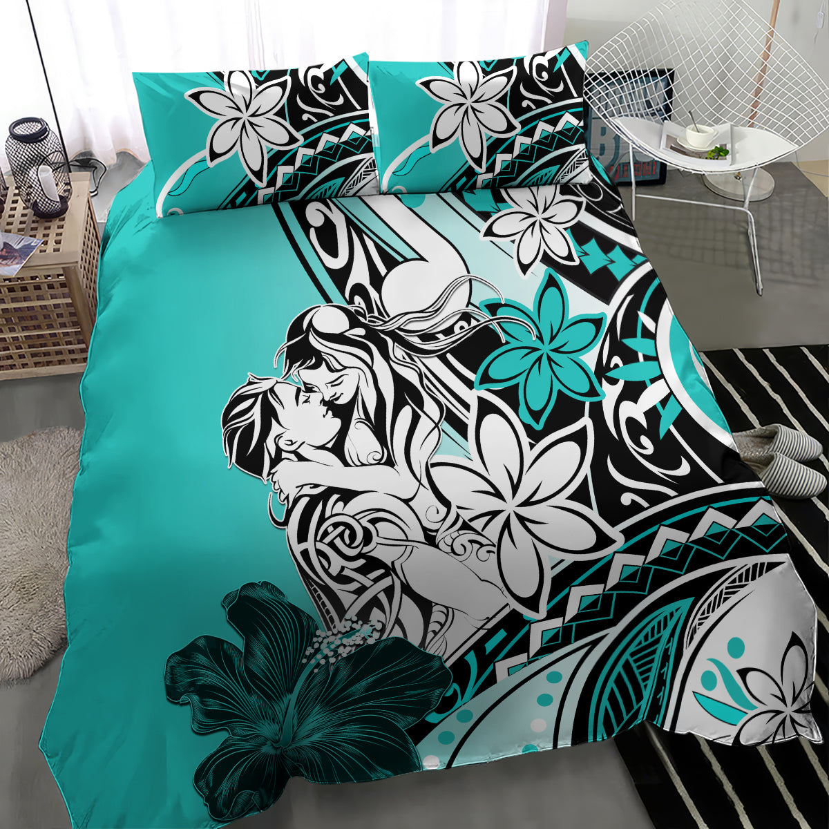 Polynesian Valentine Bedding Set Couple Floral Unique Turquoise Version LT01 - Polynesian Pride