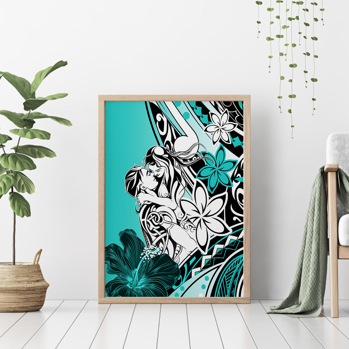 Polynesian Valentine Canvas Wall Art Couple Floral Unique Turquoise Version LT01 - Polynesian Pride