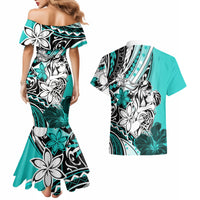 Polynesian Valentine Couples Matching Mermaid Dress and Hawaiian Shirt Couple Floral Unique Turquoise Version LT01 - Polynesian Pride