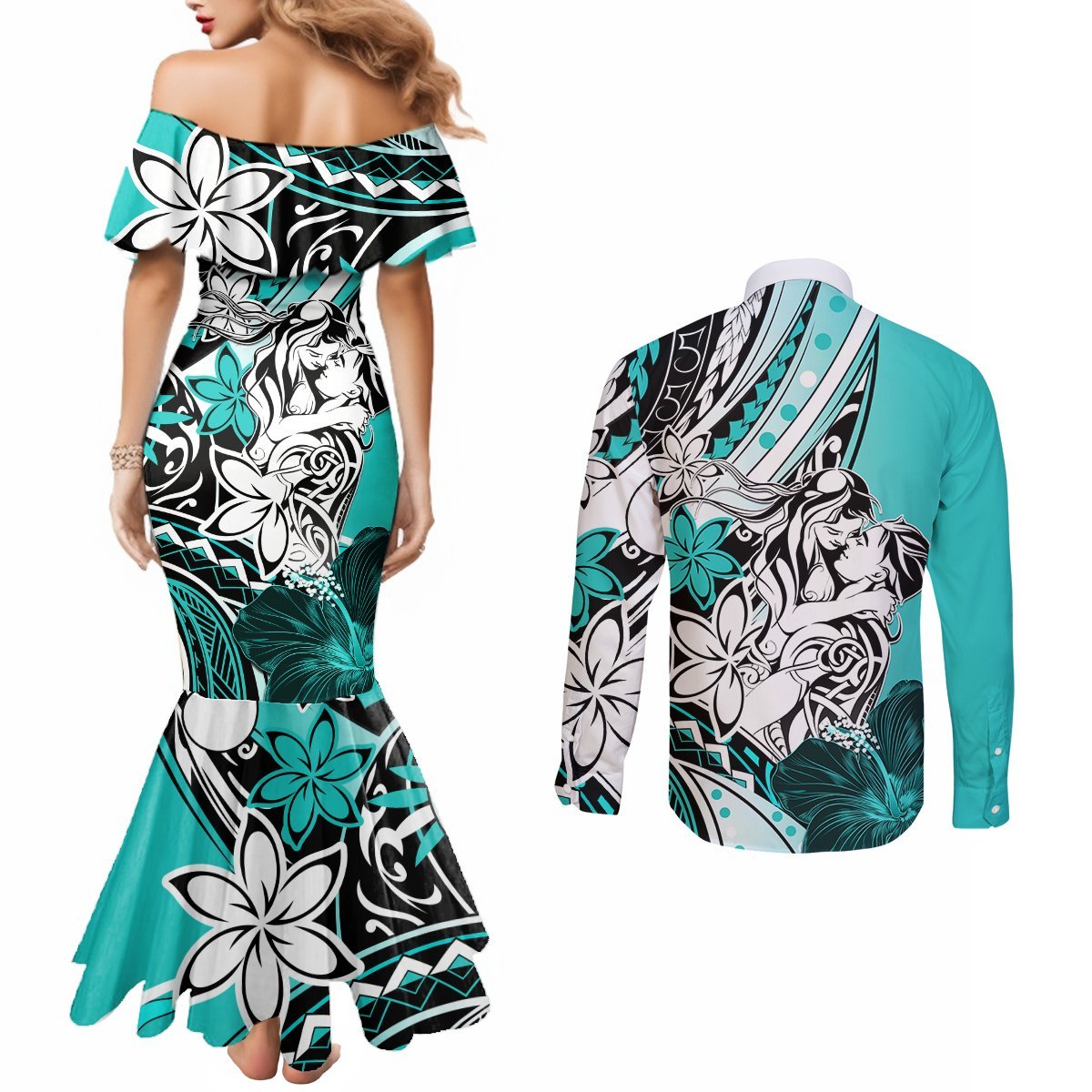 Polynesian Valentine Couples Matching Mermaid Dress and Long Sleeve Button Shirt Couple Floral Unique Turquoise Version LT01 - Polynesian Pride
