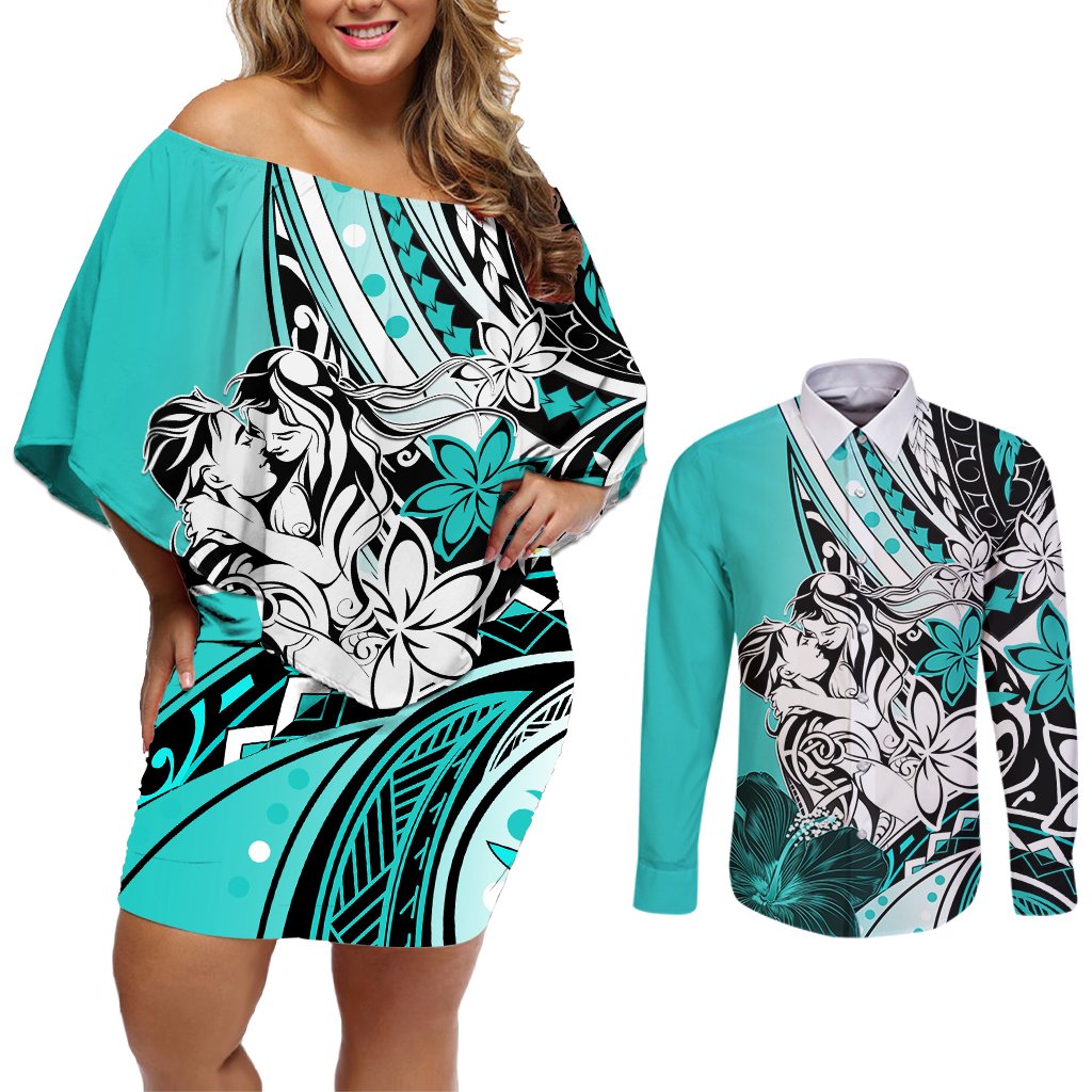 Polynesian Valentine Couples Matching Off Shoulder Short Dress and Long Sleeve Button Shirt Couple Floral Unique Turquoise Version LT01 Turquoise - Polynesian Pride