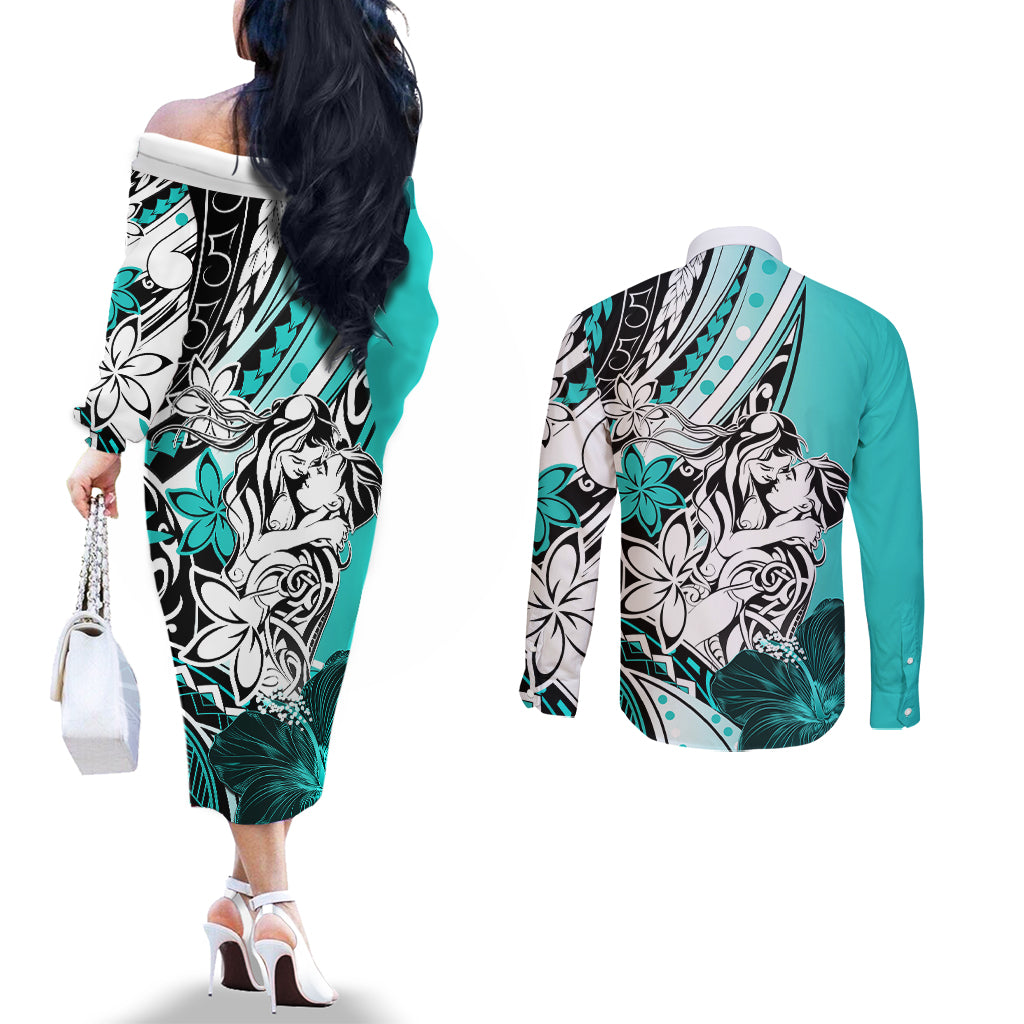 Polynesian Valentine Couples Matching Off The Shoulder Long Sleeve Dress and Long Sleeve Button Shirt Couple Floral Unique Turquoise Version LT01 - Polynesian Pride