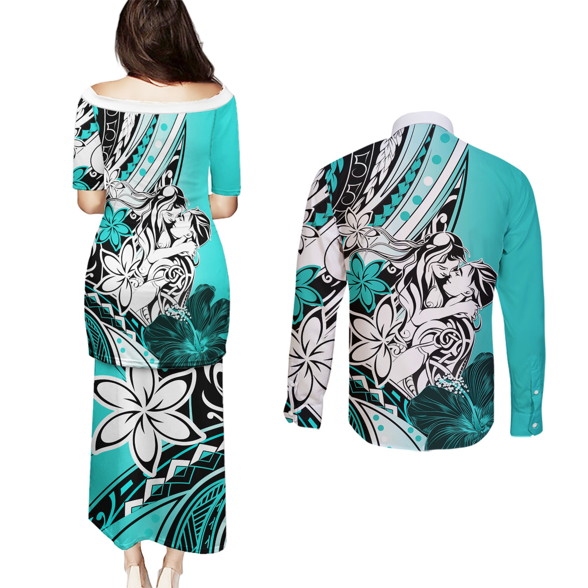 Polynesian Valentine Couples Matching Puletasi and Long Sleeve Button Shirt Couple Floral Unique Turquoise Version LT01 - Polynesian Pride