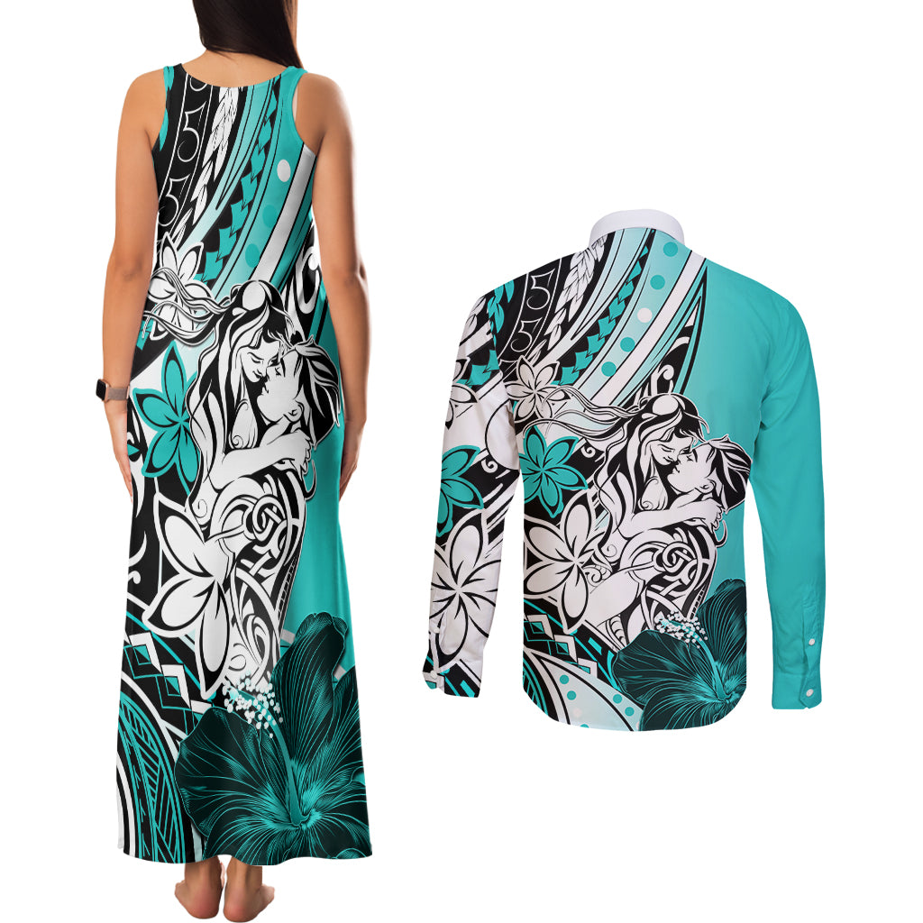 Polynesian Valentine Couples Matching Tank Maxi Dress and Long Sleeve Button Shirt Couple Floral Unique Turquoise Version LT01 - Polynesian Pride