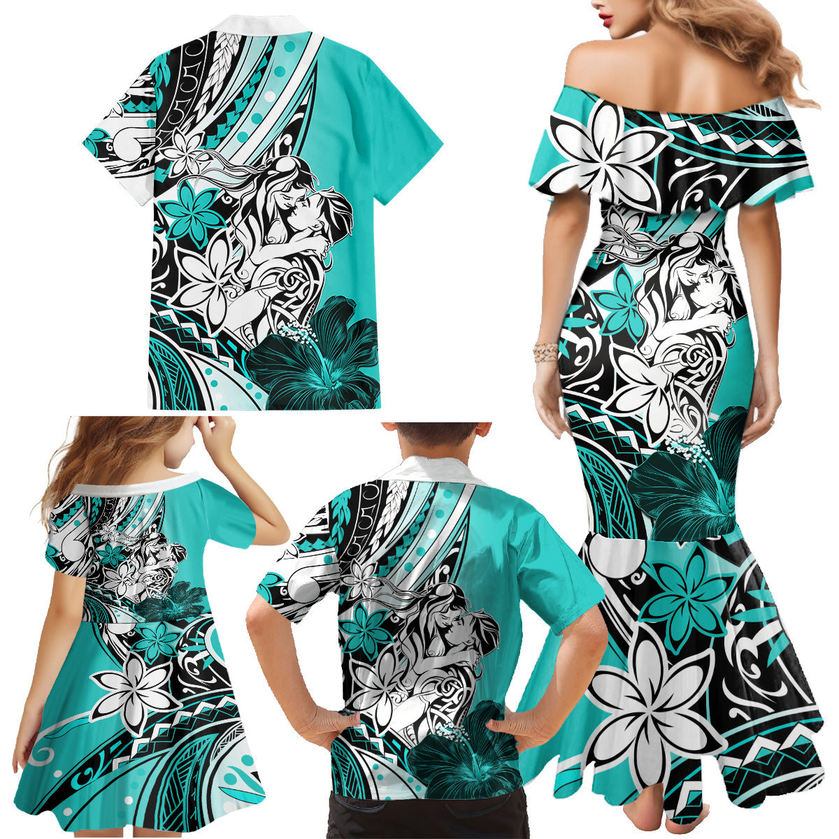 Polynesian Valentine Family Matching Mermaid Dress and Hawaiian Shirt Couple Floral Unique Turquoise Version LT01 - Polynesian Pride