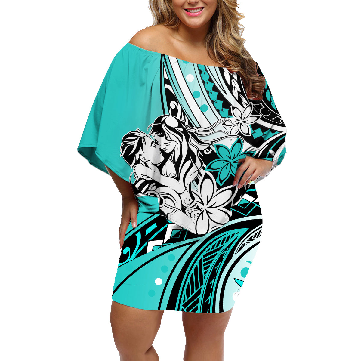 Polynesian Valentine Family Matching Off Shoulder Short Dress and Hawaiian Shirt Couple Floral Unique Turquoise Version LT01 Mom's Dress Turquoise - Polynesian Pride