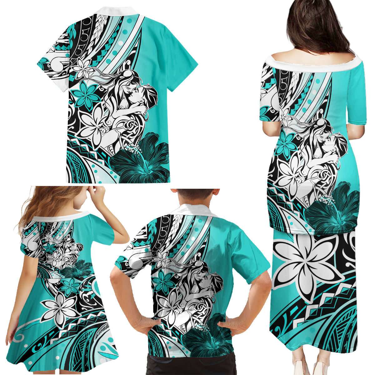 Polynesian Valentine Family Matching Puletasi and Hawaiian Shirt Couple Floral Unique Turquoise Version LT01 - Polynesian Pride