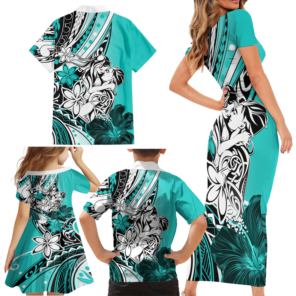 Polynesian Valentine Family Matching Short Sleeve Bodycon Dress and Hawaiian Shirt Couple Floral Unique Turquoise Version LT01 - Polynesian Pride