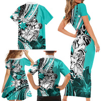 Polynesian Valentine Family Matching Short Sleeve Bodycon Dress and Hawaiian Shirt Couple Floral Unique Turquoise Version LT01 - Polynesian Pride