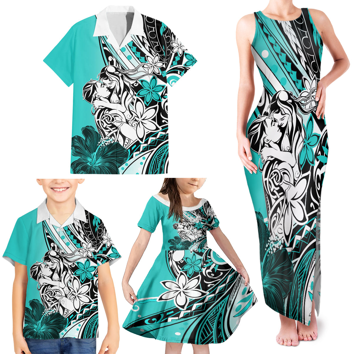 Polynesian Valentine Family Matching Tank Maxi Dress and Hawaiian Shirt Couple Floral Unique Turquoise Version LT01 - Polynesian Pride