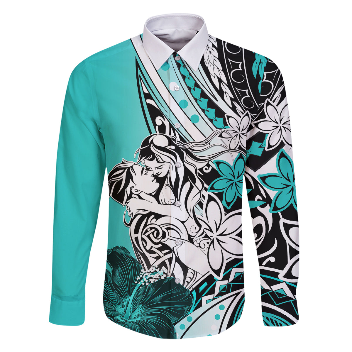 Polynesian Valentine Family Matching Tank Maxi Dress and Hawaiian Shirt Couple Floral Unique Turquoise Version LT01 Dad's Shirt - Long Sleeve Turquoise - Polynesian Pride
