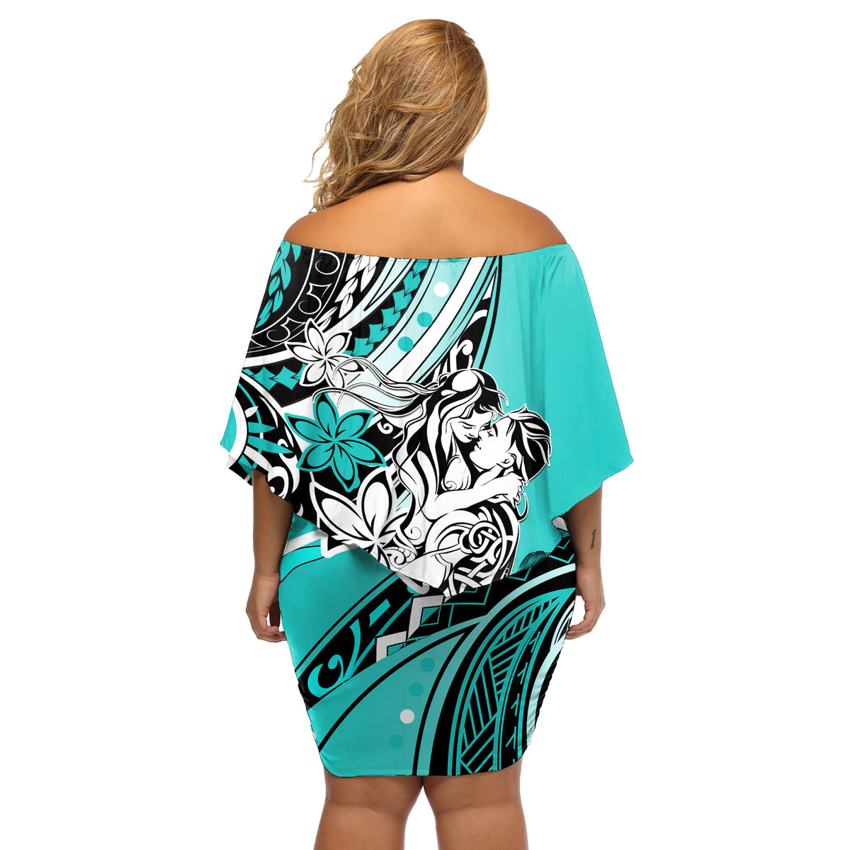 Polynesian Valentine Off Shoulder Short Dress Couple Floral Unique Turquoise Version LT01 - Polynesian Pride