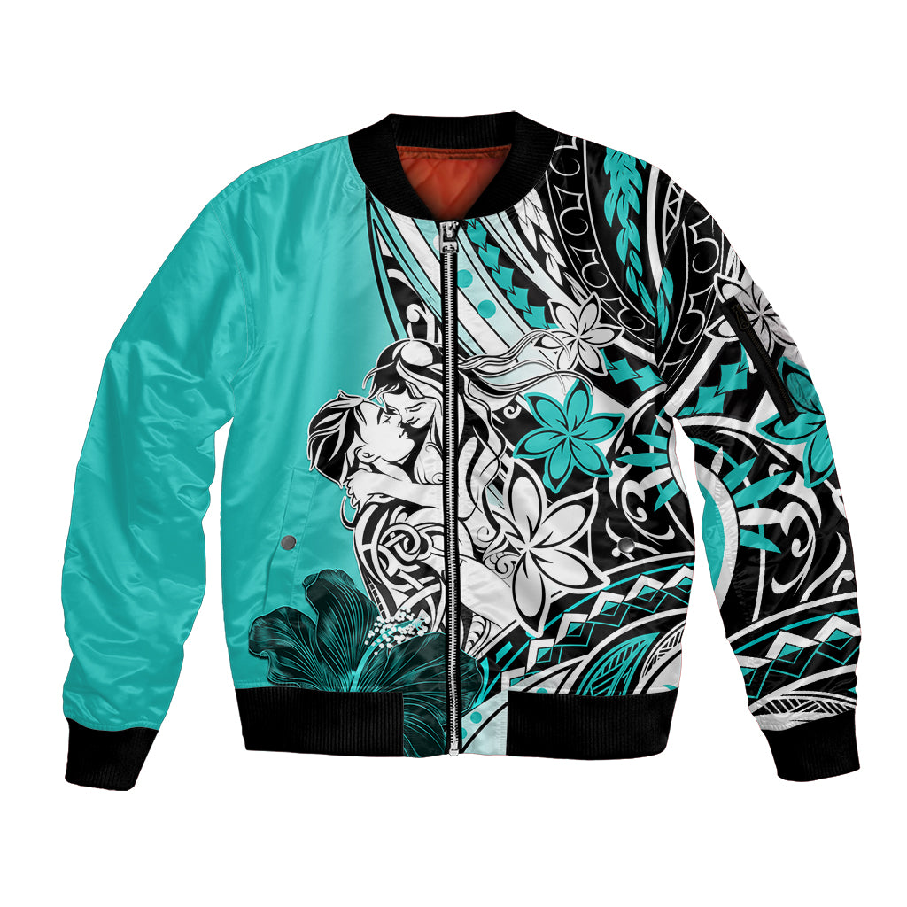 Polynesian Valentine Sleeve Zip Bomber Jacket Couple Floral Unique Turquoise Version LT01 Unisex Turquoise - Polynesian Pride