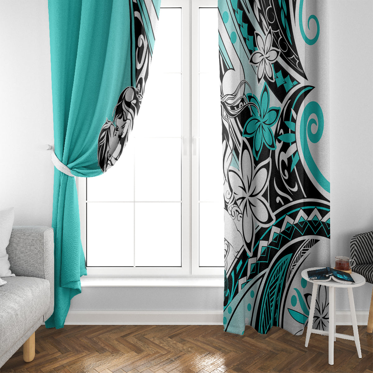 Polynesian Valentine Window Curtain Couple Floral Unique Turquoise Version LT01 - Polynesian Pride
