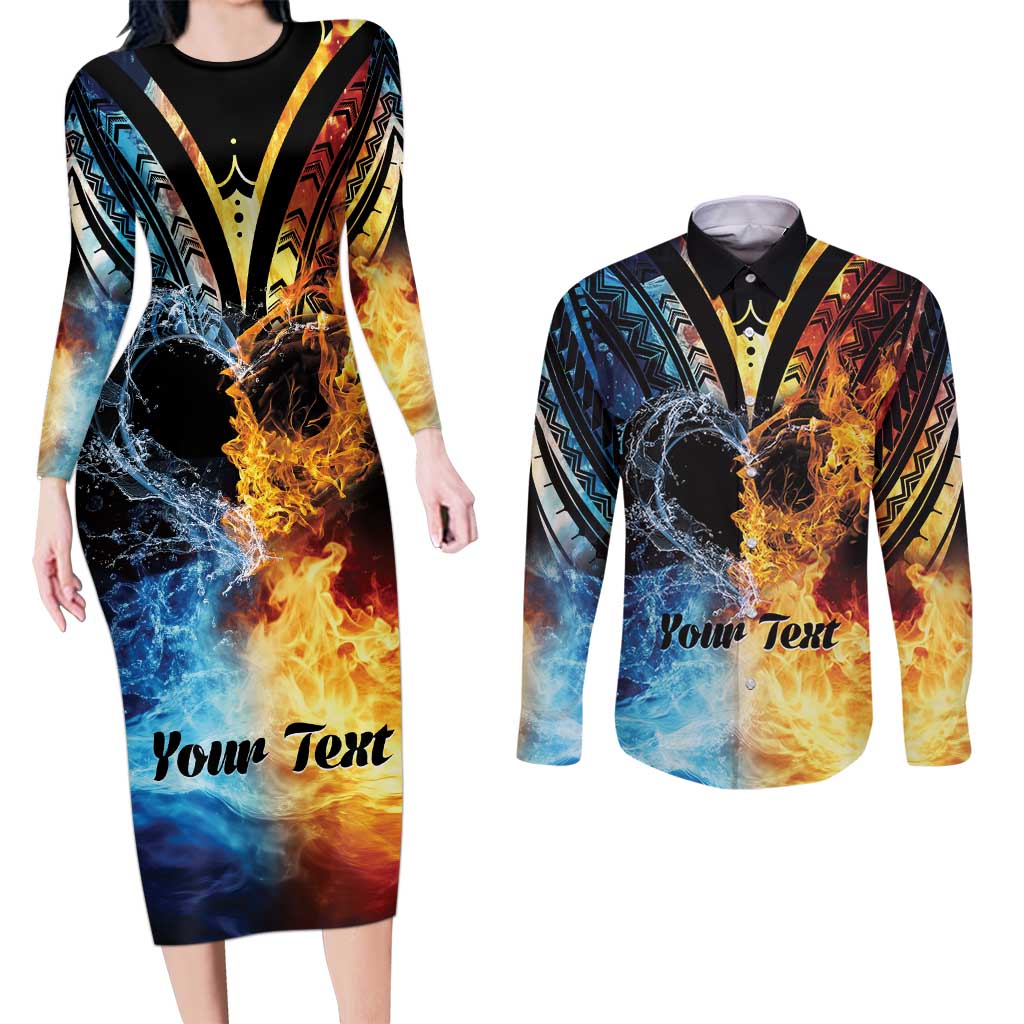 Personalised Polynesian Heart In Fire And Water Couples Matching Long Sleeve Bodycon Dress and Long Sleeve Button Shirt Romantic Elements LT01 Colorful - Polynesian Pride
