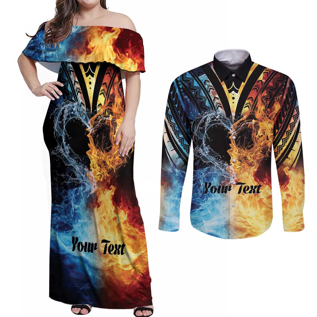 Personalised Polynesian Heart In Fire And Water Couples Matching Off Shoulder Maxi Dress and Long Sleeve Button Shirt Romantic Elements LT01 Colorful - Polynesian Pride