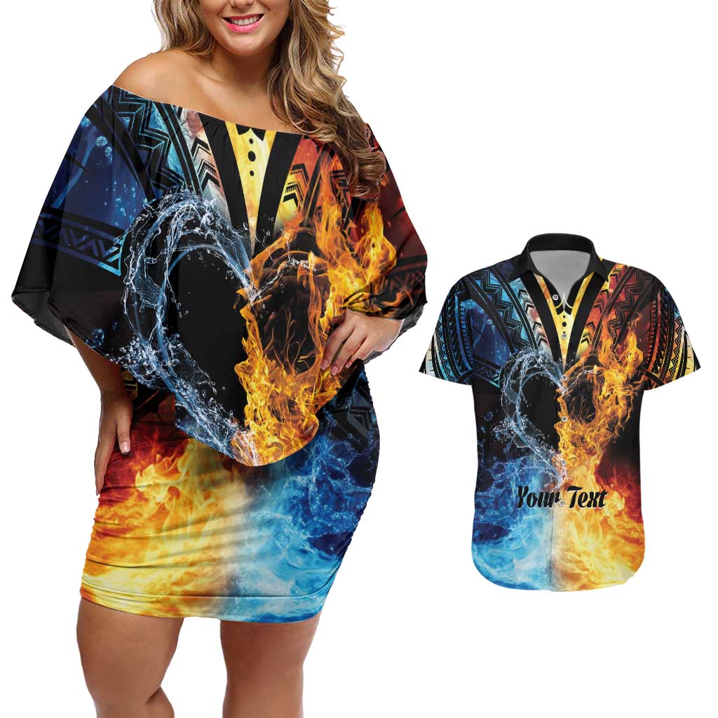 Personalised Polynesian Heart In Fire And Water Couples Matching Off Shoulder Short Dress and Hawaiian Shirt Romantic Elements
