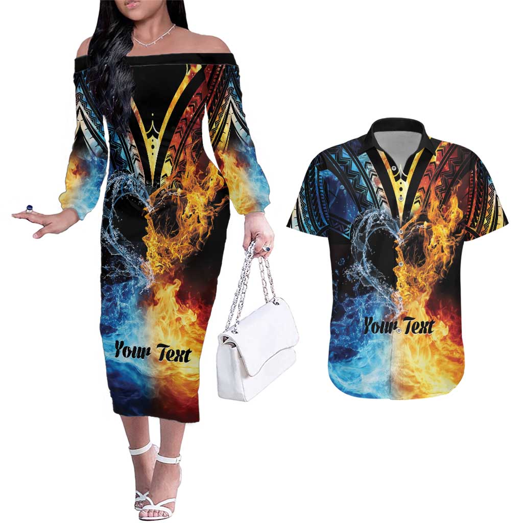 Personalised Polynesian Heart In Fire And Water Couples Matching Off The Shoulder Long Sleeve Dress and Hawaiian Shirt Romantic Elements