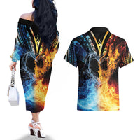 Personalised Polynesian Heart In Fire And Water Couples Matching Off The Shoulder Long Sleeve Dress and Hawaiian Shirt Romantic Elements