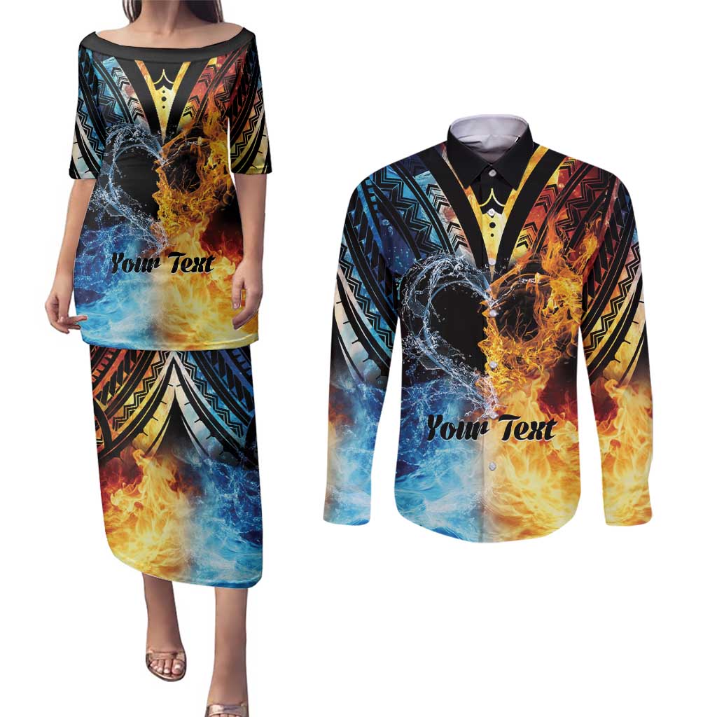 Personalised Polynesian Heart In Fire And Water Couples Matching Puletasi and Long Sleeve Button Shirt Romantic Elements LT01 Colorful - Polynesian Pride