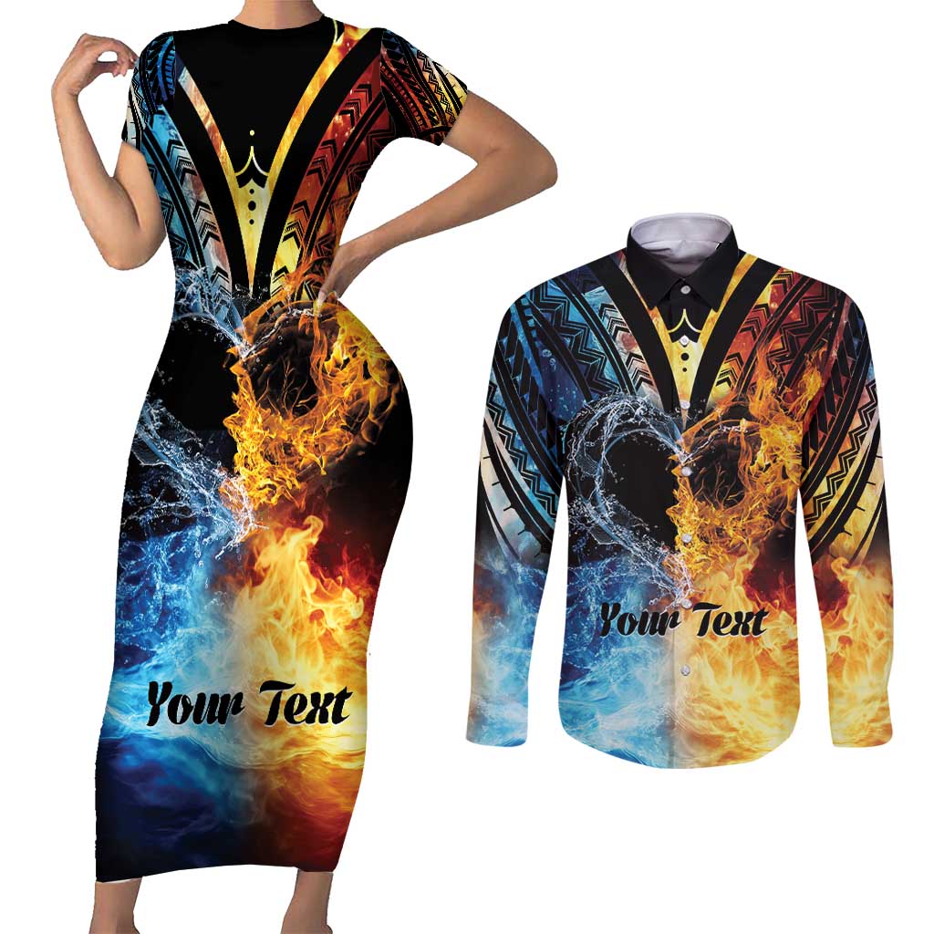Personalised Polynesian Heart In Fire And Water Couples Matching Short Sleeve Bodycon Dress and Long Sleeve Button Shirt Romantic Elements LT01 Colorful - Polynesian Pride