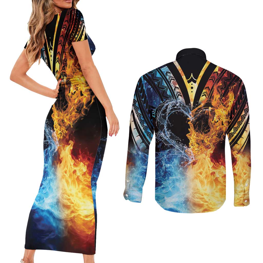 Personalised Polynesian Heart In Fire And Water Couples Matching Short Sleeve Bodycon Dress and Long Sleeve Button Shirt Romantic Elements LT01 - Polynesian Pride