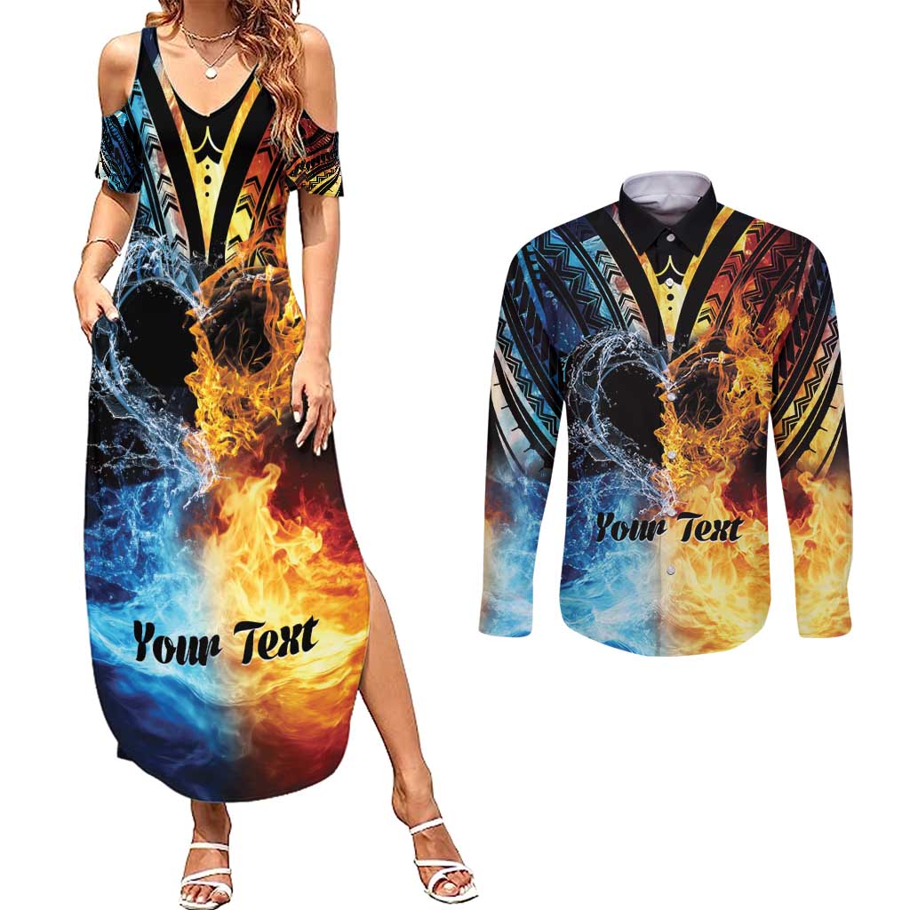 Personalised Polynesian Heart In Fire And Water Couples Matching Summer Maxi Dress and Long Sleeve Button Shirt Romantic Elements LT01 Colorful - Polynesian Pride