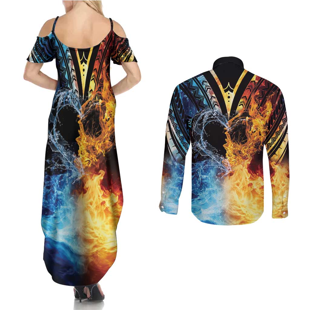 Personalised Polynesian Heart In Fire And Water Couples Matching Summer Maxi Dress and Long Sleeve Button Shirt Romantic Elements