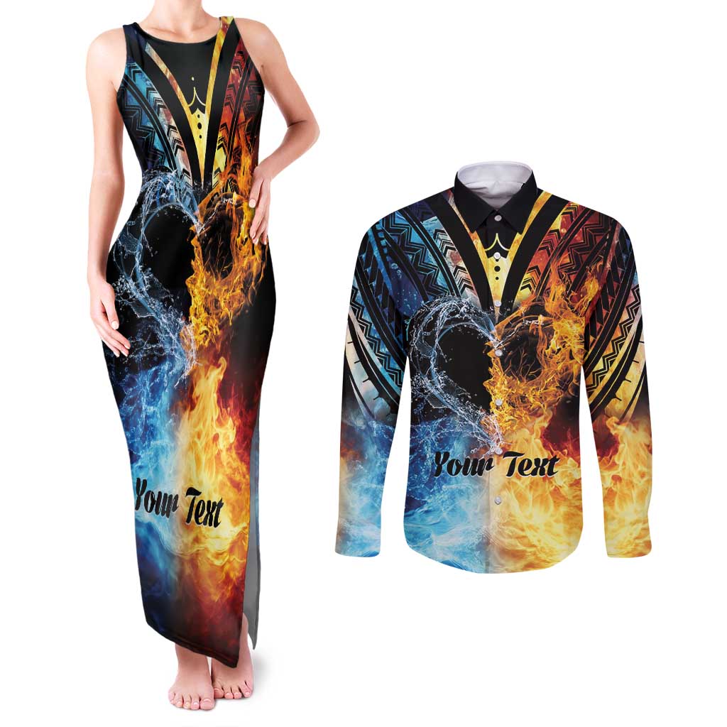 Personalised Polynesian Heart In Fire And Water Couples Matching Tank Maxi Dress and Long Sleeve Button Shirt Romantic Elements LT01 Colorful - Polynesian Pride