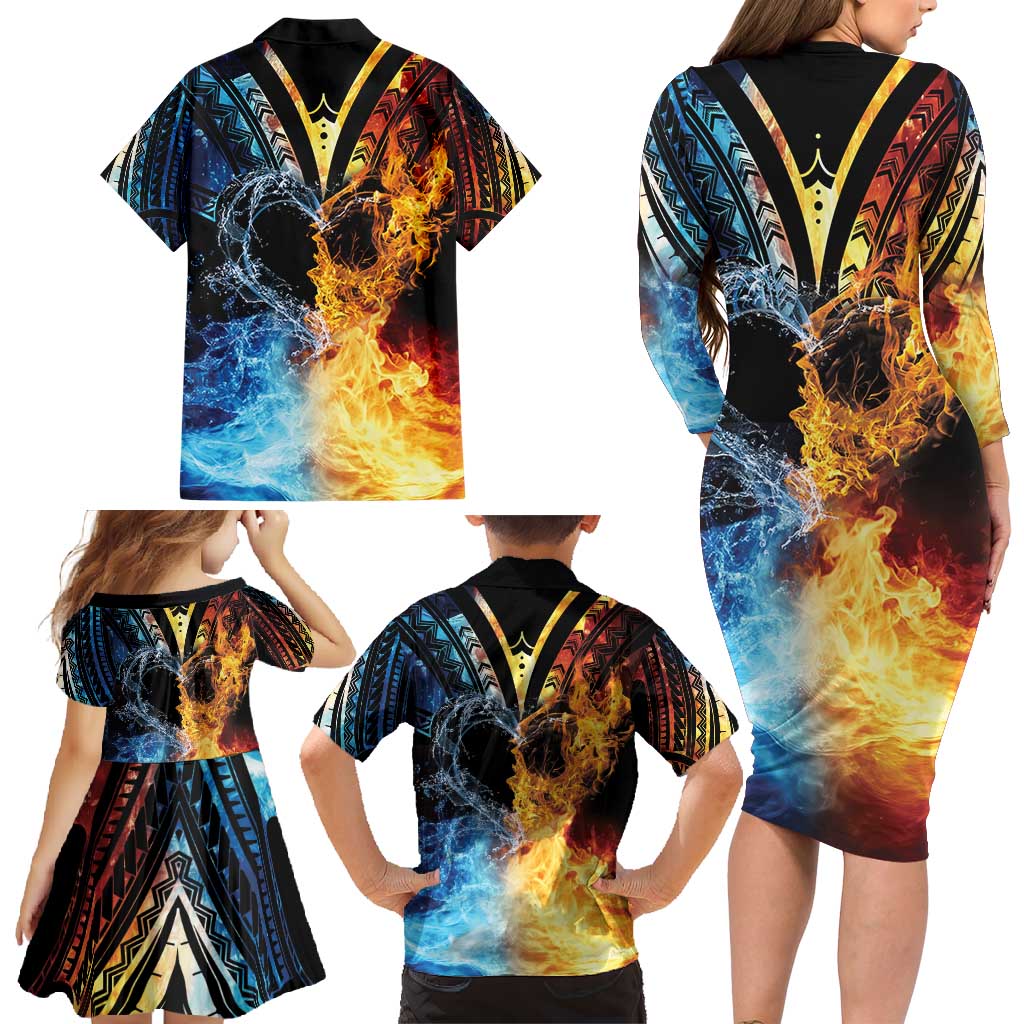 Personalised Polynesian Heart In Fire And Water Family Matching Long Sleeve Bodycon Dress and Hawaiian Shirt Romantic Elements