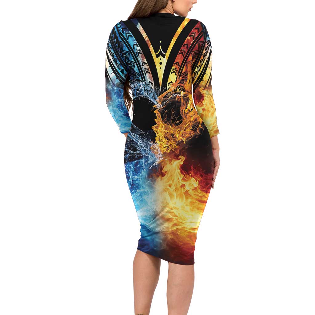 Personalised Polynesian Heart In Fire And Water Long Sleeve Bodycon Dress Romantic Elements