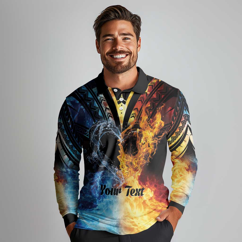 Personalised Polynesian Heart In Fire And Water Long Sleeve Polo Shirt Romantic Elements