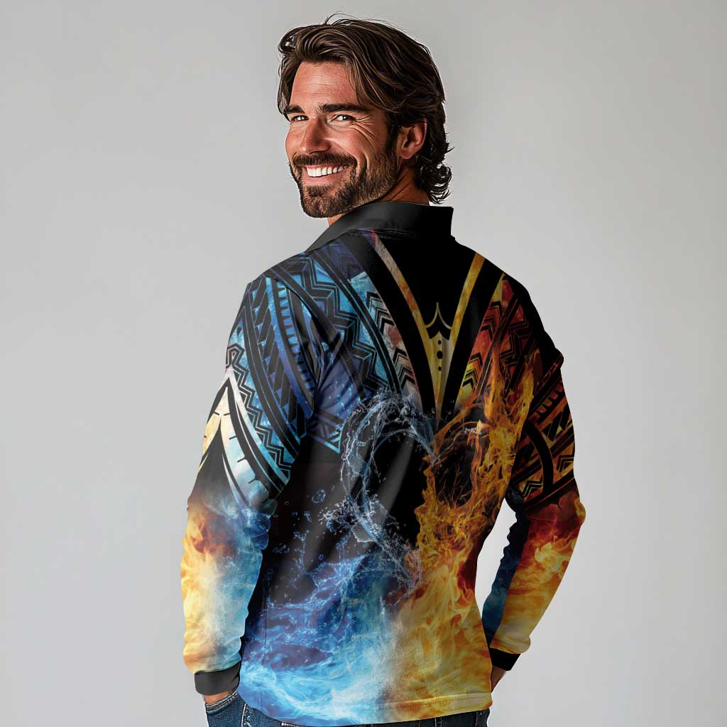 Personalised Polynesian Heart In Fire And Water Long Sleeve Polo Shirt Romantic Elements