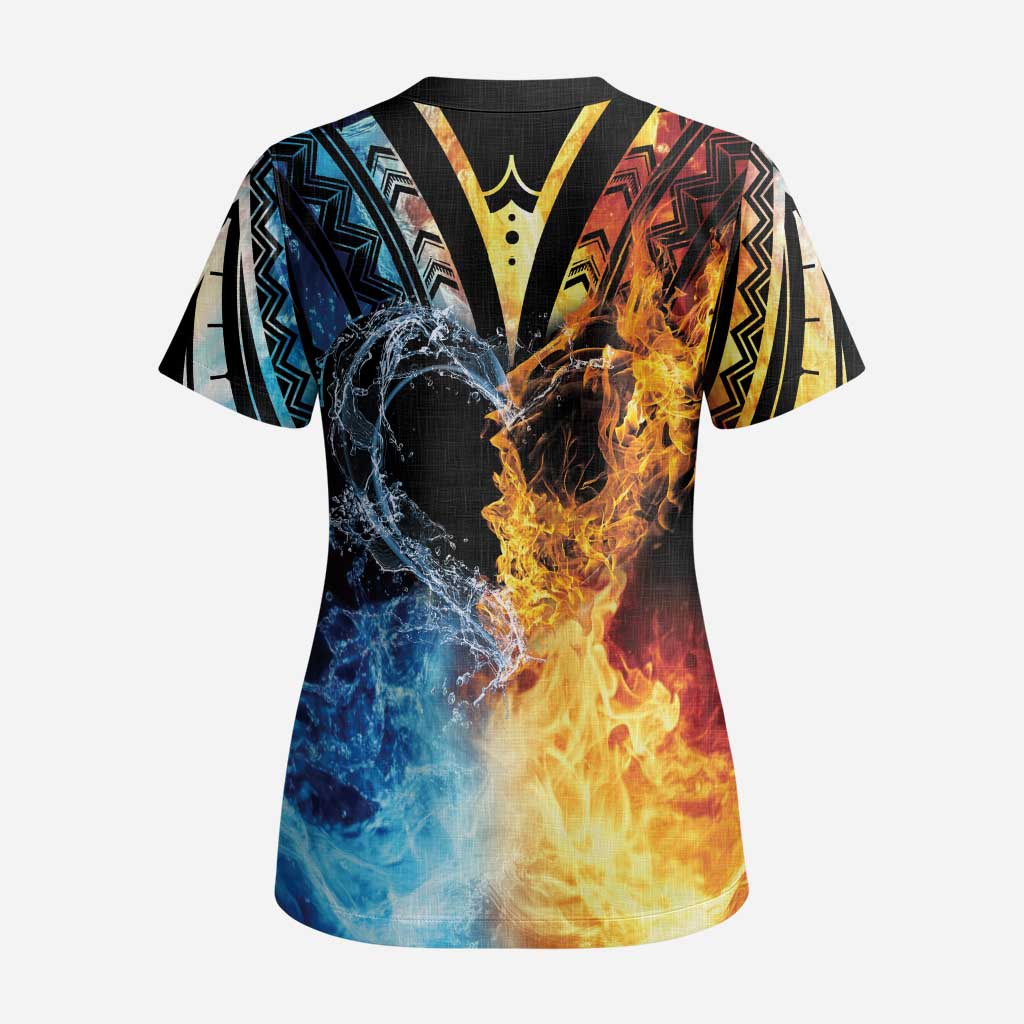 Personalised Polynesian Heart In Fire And Water Scrub Top Romantic Elements - Polynesian Pride