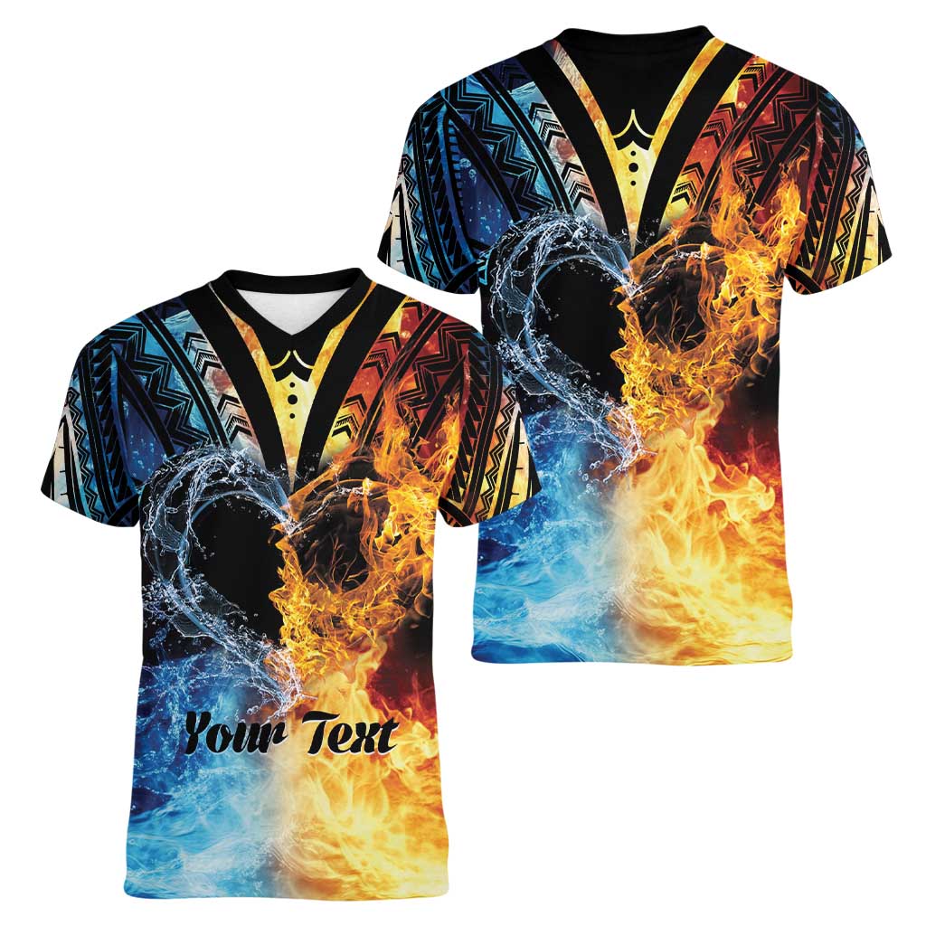 Personalised Polynesian Heart In Fire And Water Women V-Neck T-Shirt Romantic Elements